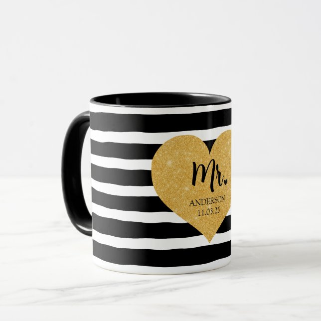 Caneca Ouro Elegante Recem casados Black Stripes (Frente Esquerda)