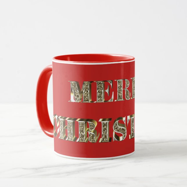 Caneca Ouro Feliz de Natal - Tipografia Glitter Vermelha  (Frente Esquerda)