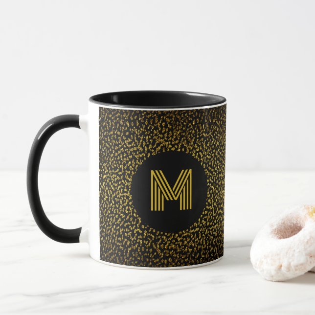 Caneca Ouro moderno monograma de pontos negros (Com Donut)