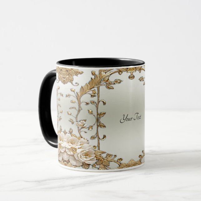 Caneca Ouro Ornamentado Branco Flores Mug (Frente Esquerda)