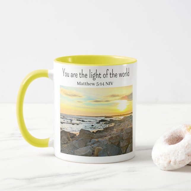 Caneca Ouro Sunset Photo Bíblia Verse Yellow Name (Com Donut)