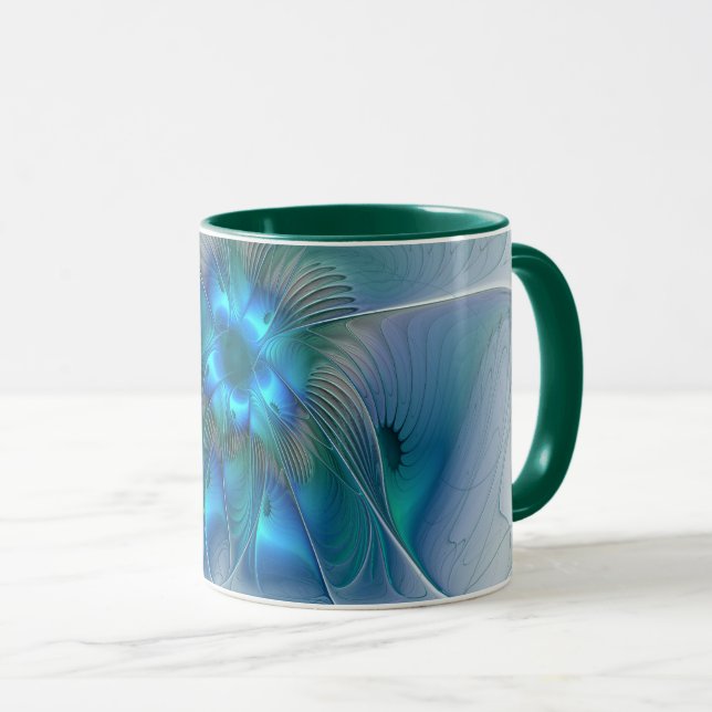Caneca Ovinas de Pé, Fractal Turquesa Azul Abstrato (Frente Esquerda)