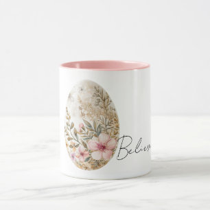 Caneca Ovo de Páscoa Flores de Primavera Rosa Creme Chic