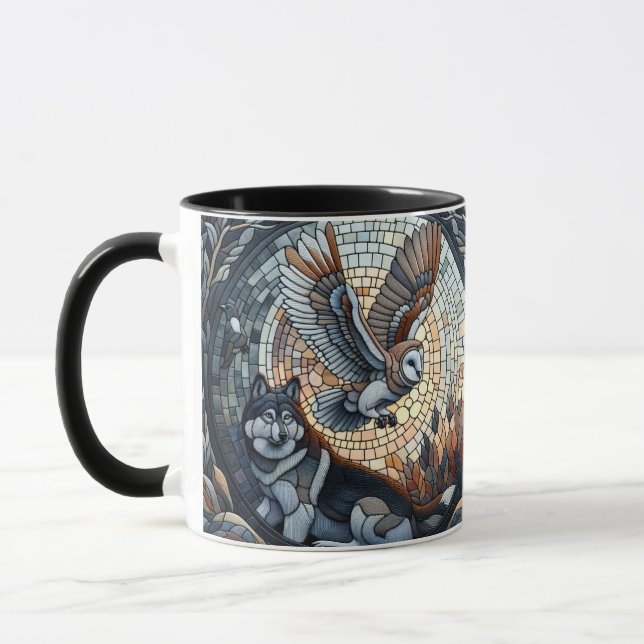 Caneca Owl e Wolf Mosaic Nature Ai Art (Esquerda)