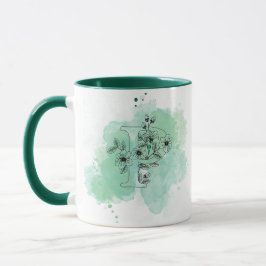 Caneca P Monograma com Aquarela Inicial Botânica Verde