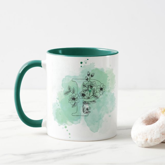 Caneca P Monograma com Aquarela Inicial Botânica Verde (Com Donut)