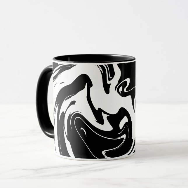 Caneca Padrão Abstrato de Fluido Preto e Branco (Frente Esquerda)