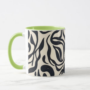 Caneca Padrão Abstrato de Folhas Botânicas Preto e Creme