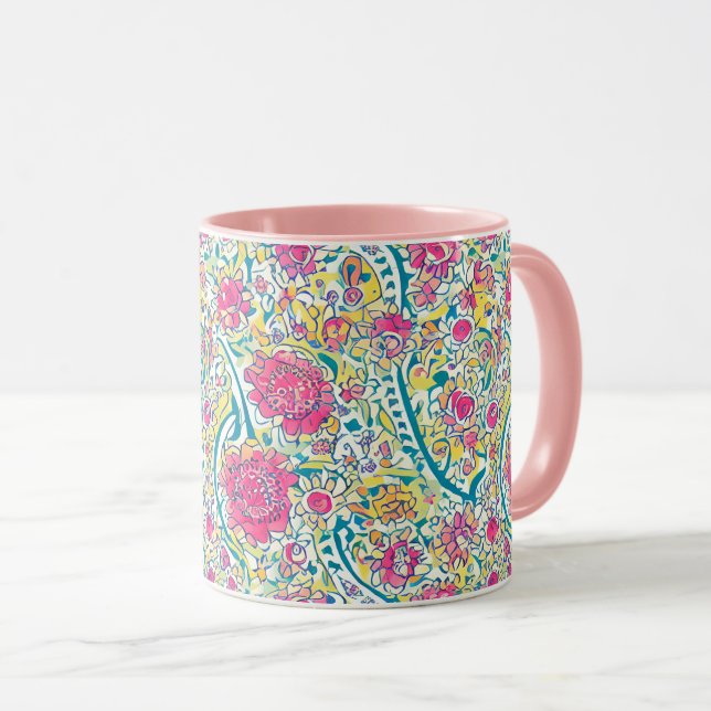 Caneca Padrão Árabe Floral Rosa (Frente Esquerda)