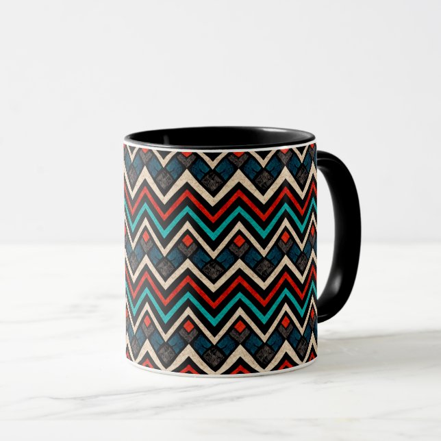 Caneca Padrão Aztec Aztec, Beige Red Teal Preto (Frente Esquerda)