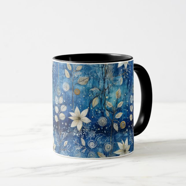 Caneca Padrão Azul Flor Branco Floral Sem Vista (Frente Esquerda)