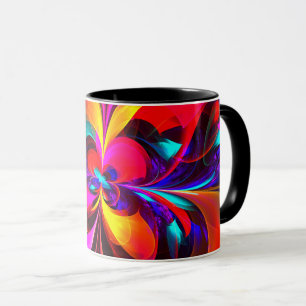 Caneca Padrão Azul Vermelho Abstrato Floral Moderno #07