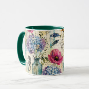 Caneca Padrão Botânico Colorido à Beira-Mar em Aquarela