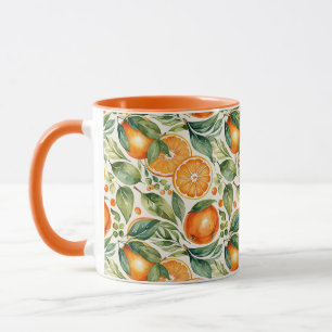Caneca Padrão Botânico de Laranja Cítrica em Aquarela Flo