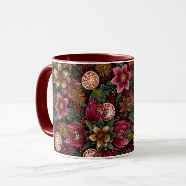 Caneca Padrão Botânico de Temperos de Natal e Floral (Frente Esquerda)