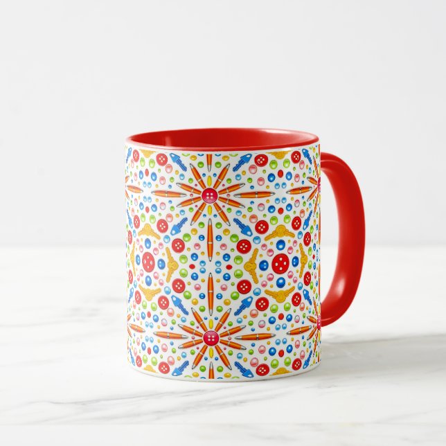 Caneca padrão caleidoscópio, acabamento vermelho, (Frente Esquerda)