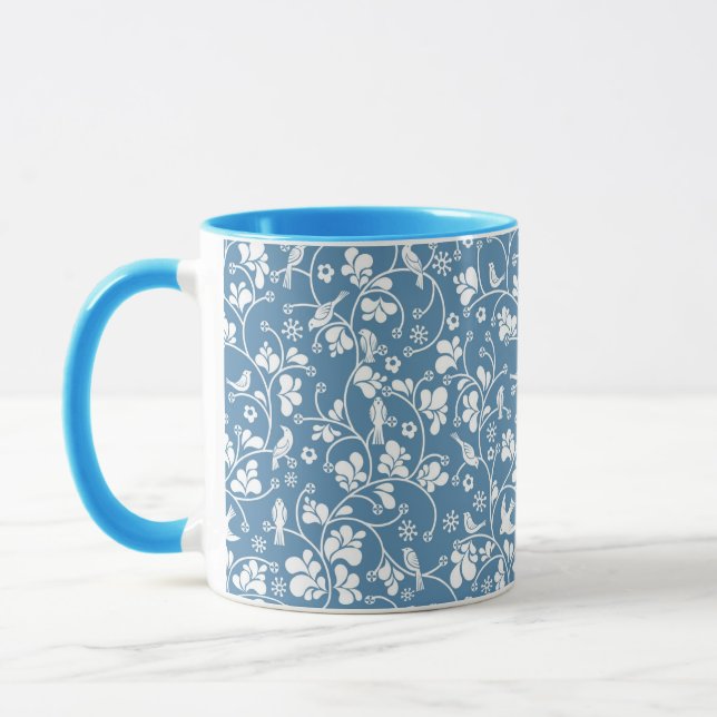 Caneca padrão com aves e ornamento de plantas (Esquerda)