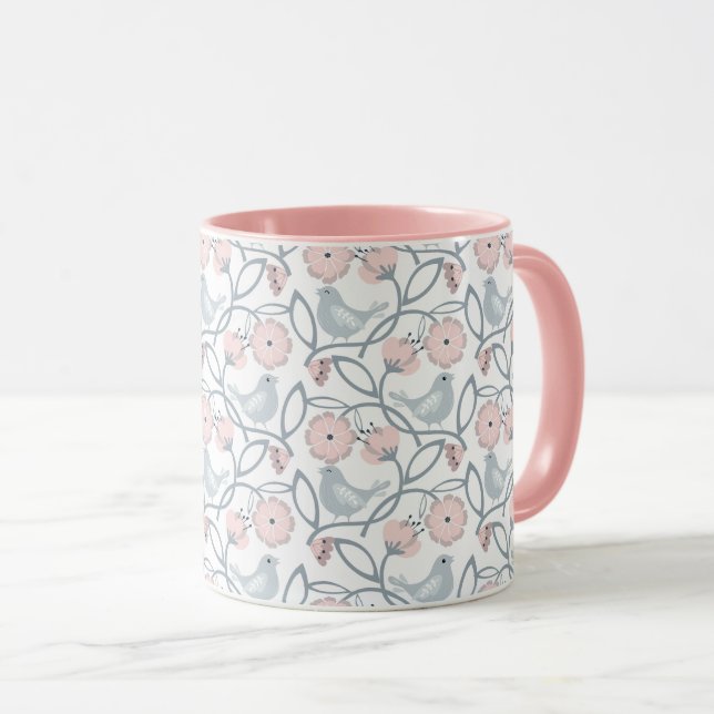 Caneca Padrão contínuo de flores e pássaros (Frente Esquerda)