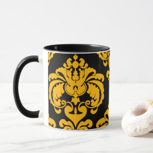 Caneca Padrão Damask Elegante Chique Amarelo e Preto Ousa