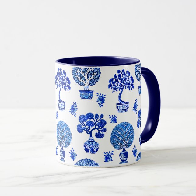 Caneca Padrão das árvores Bonsai em azul-cobalto e branco (Frente Esquerda)