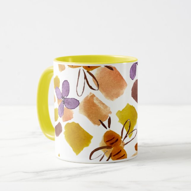 Caneca Padrão de Abelha Floral Amarelo Primavera Aquarela (Frente Esquerda)