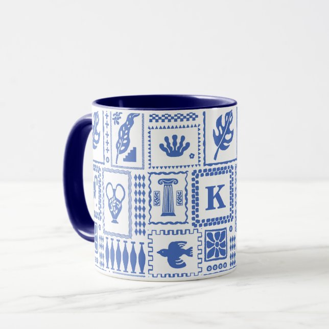 Caneca Padrão de Abstrato branco azul moderno monograma (Frente Esquerda)