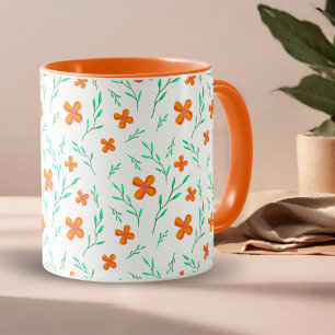 Caneca Padrão de aquarela de flores e galhos laranja