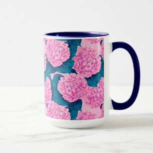 Caneca Padrão de aquarelas Hydrangea, rosa e azul