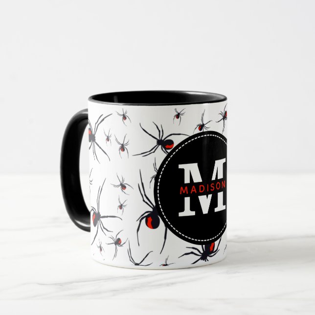 Caneca Padrão de aranha vermelha e preta monograma (Frente Esquerda)