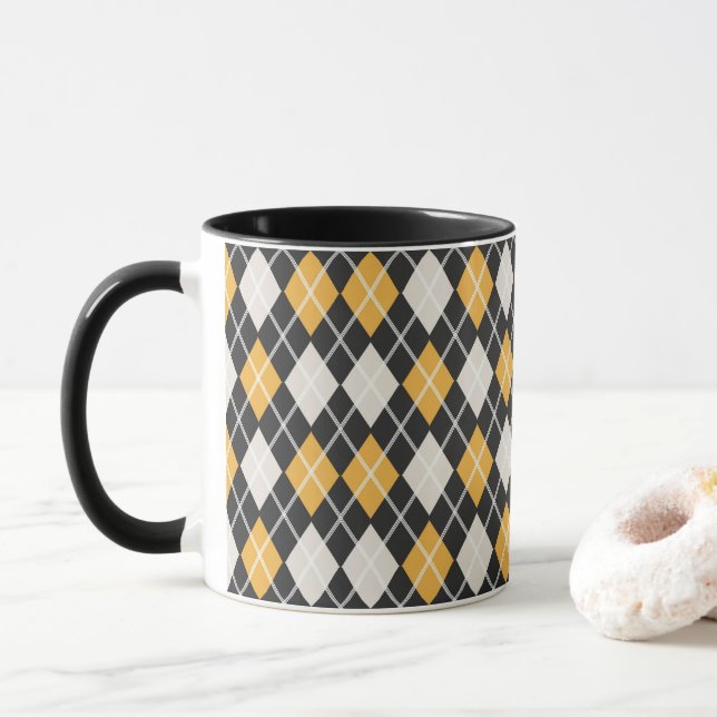 Caneca Padrão de Argyle Sem Vista Preto e Amarelo (Com Donut)