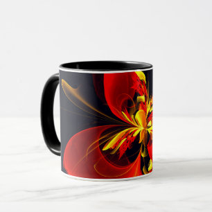 Caneca Padrão de Arte Abstrata Floral Amarelo Vermelho Mo