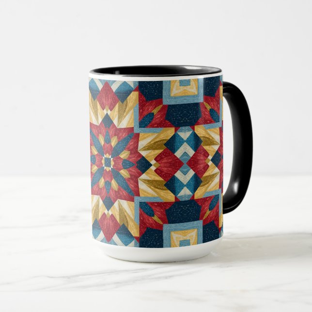 Caneca padrão de arte de bloco de colcha geométrica vinta (Frente Esquerda)