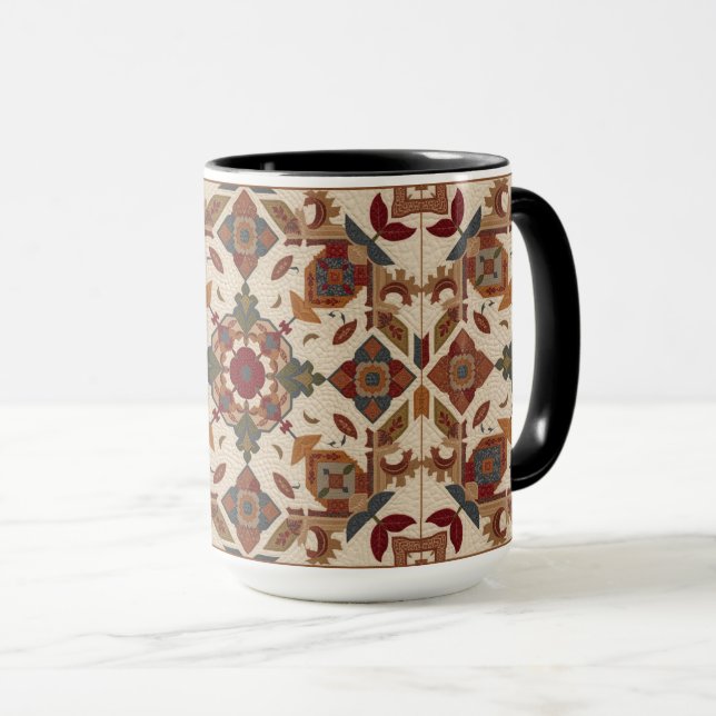 Caneca padrão de arte de bloco de colcha geométrica vinta (Frente Esquerda)