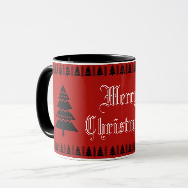 Caneca Padrão de Árvore de Natal Moderno Vermelho Preto (Frente Esquerda)