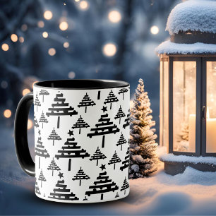 Caneca Padrão de árvore de Natal preto e branco moderno