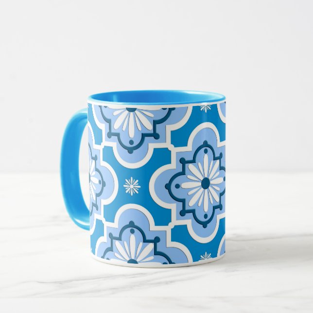 Caneca Padrão de azulejo marroquino - Azul e Branco (Frente Esquerda)