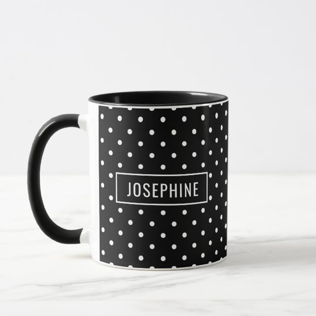 Caneca Padrão de Bolinhas Brancas no Preto com Nome Perso (Esquerda)