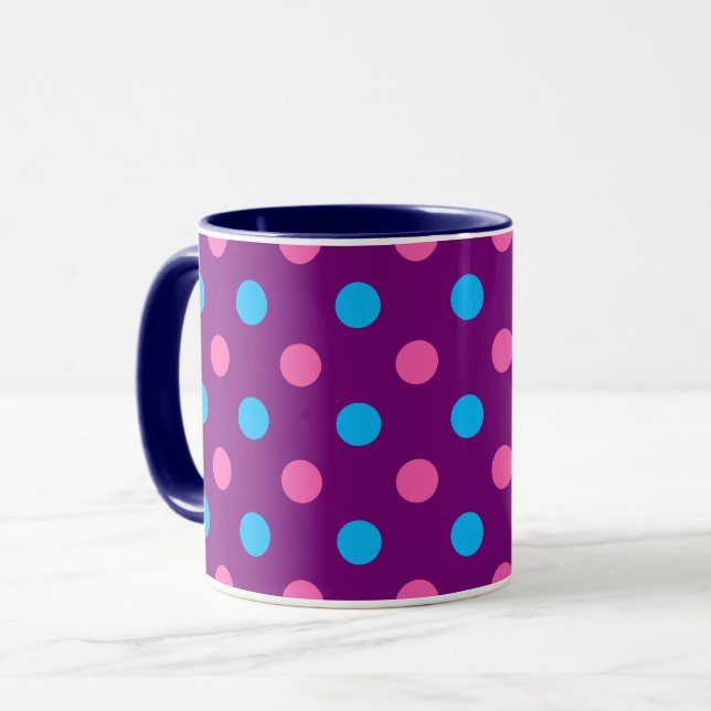 Caneca Padrão de bolinhas rosa roxo azul (Frente Esquerda)