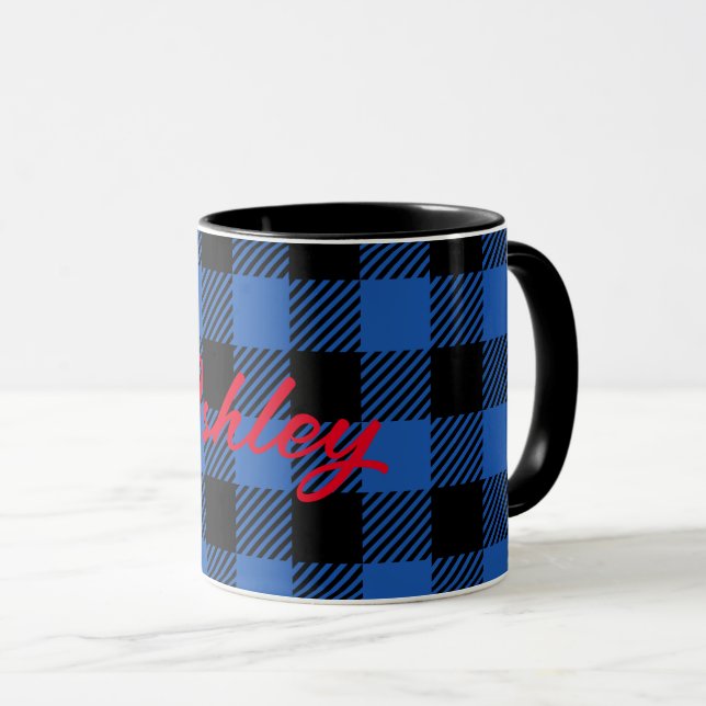 Caneca Padrão de Buffalo Checkered Azul Preto | Personali (Frente Esquerda)