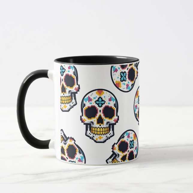 Caneca Padrão de Caveira Pixelada do Dia De Los Muertos (Esquerda)