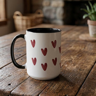 Caneca Padrão de Corações Vermelhos e Pretos Rústicos em 