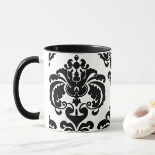 Caneca Padrão de Damasco Elegante Preto e Branco Chique