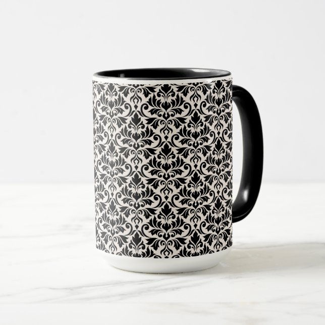 Caneca Padrão de Damasco Florescente Preto sobre Creme (Frente Esquerda)