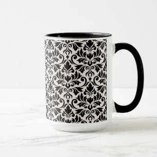 Caneca Padrão de Damasco Florescente Preto sobre Creme