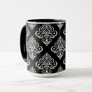 Caneca Padrão de Damasco Preto e Branco Personalizado