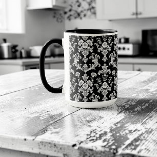 Caneca Padrão de Damasco Preto e Branco Vitoriano