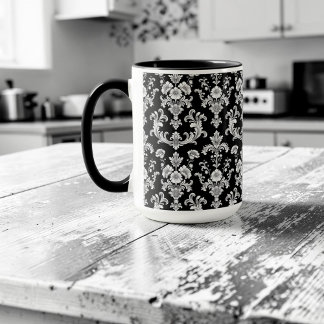 Caneca Padrão de Damasco Preto e Branco Vitoriano