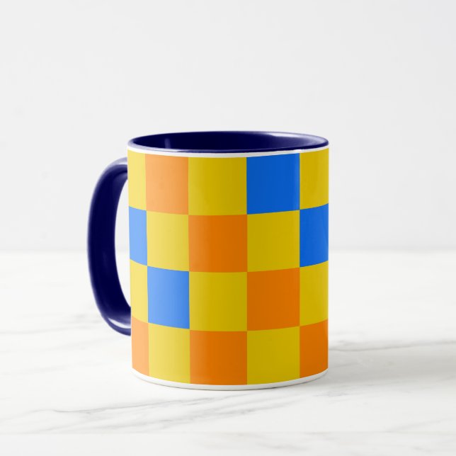 Caneca Padrão de Design Xadrez Laranja Amarelo Azul  (Frente Esquerda)