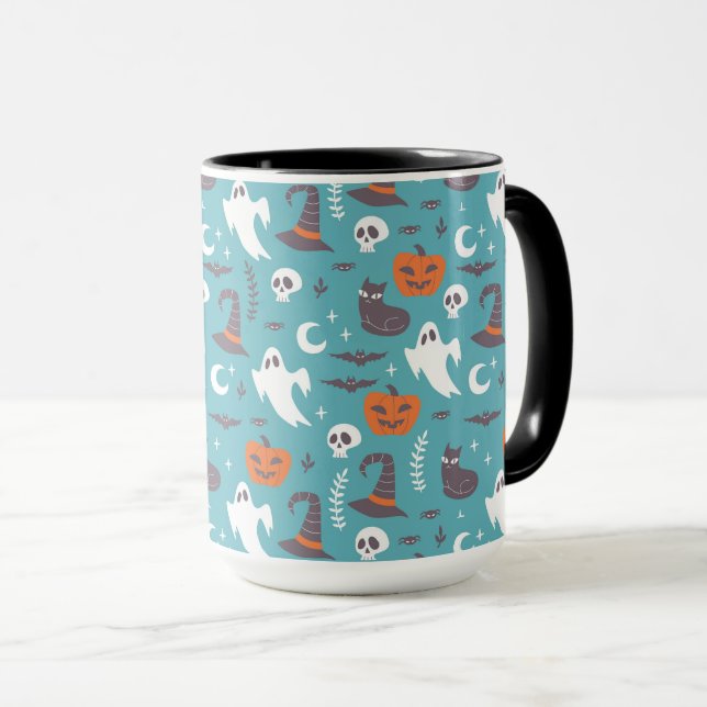 Caneca Padrão de Dia das Bruxas de Teal Divertido (Frente Esquerda)