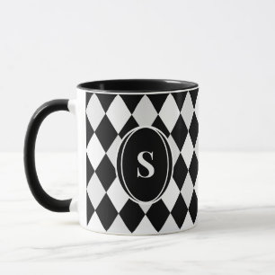 Caneca Padrão de Diamante de Harlequin Branco e Preto